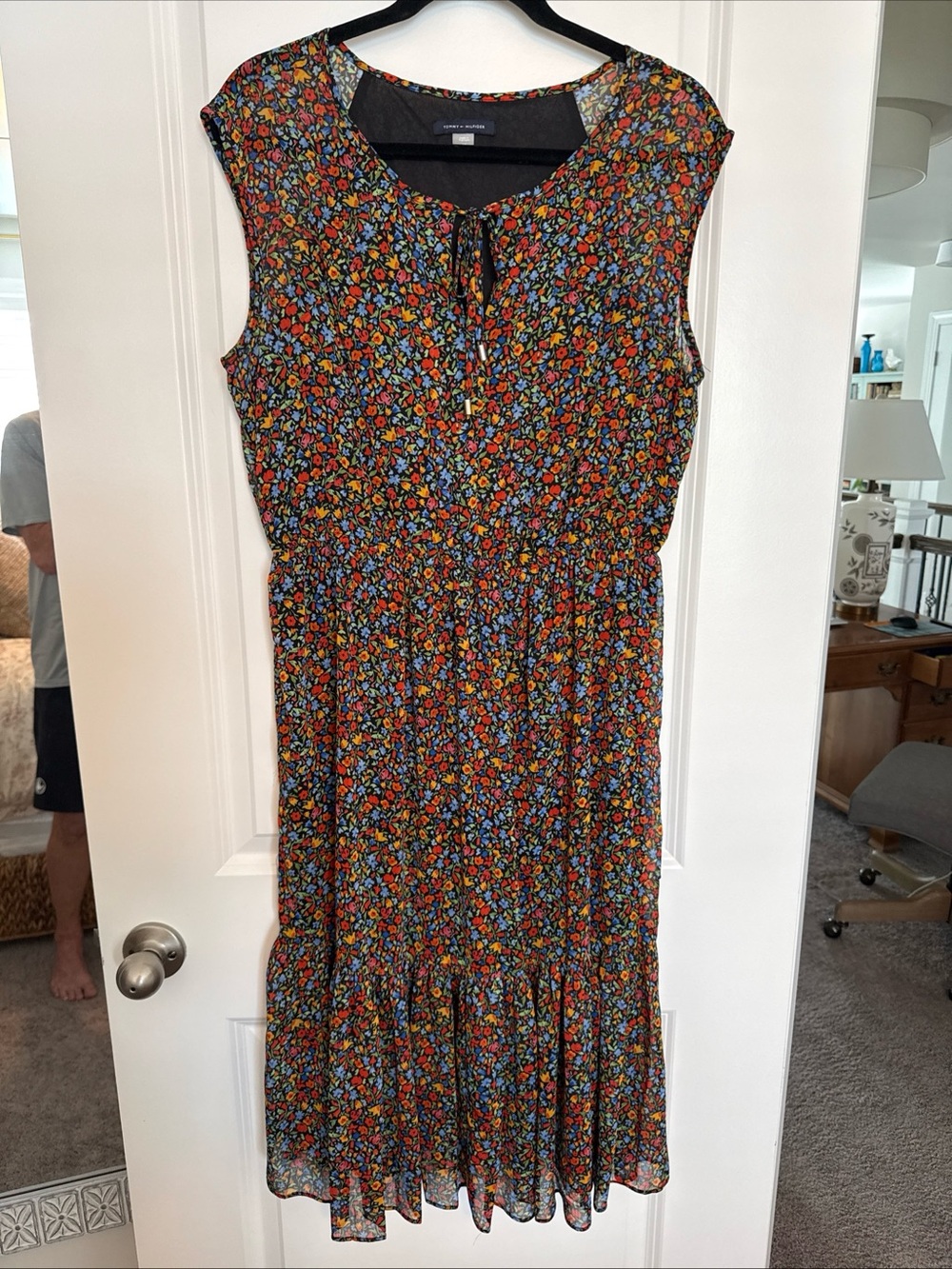 Tommy Hilfiger Floral Midi Tank Dress Ruffle Tie Front Womens size 12